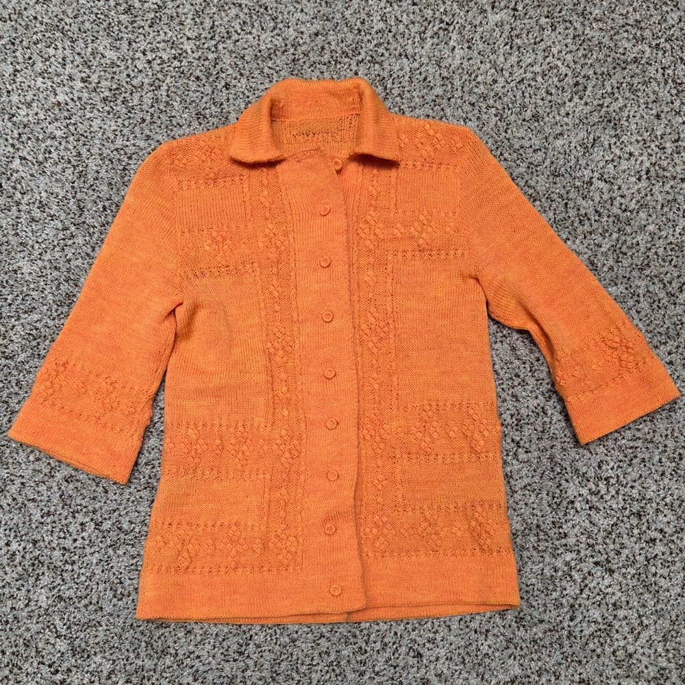 Knit Cardigan Button Front Textured‎ Knitwear 3/4 Sleeve Orange Sweater